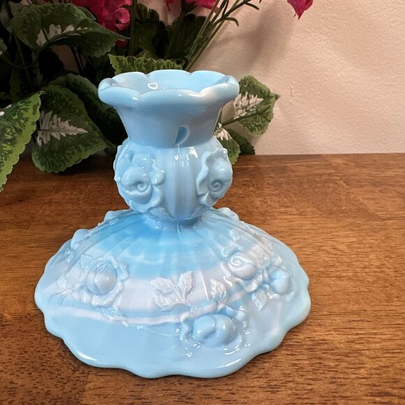 Fenton Blue Slag Glass Candle Holder Cabbage Rose Pattern Swirled Vintage - Picture 1 of 5